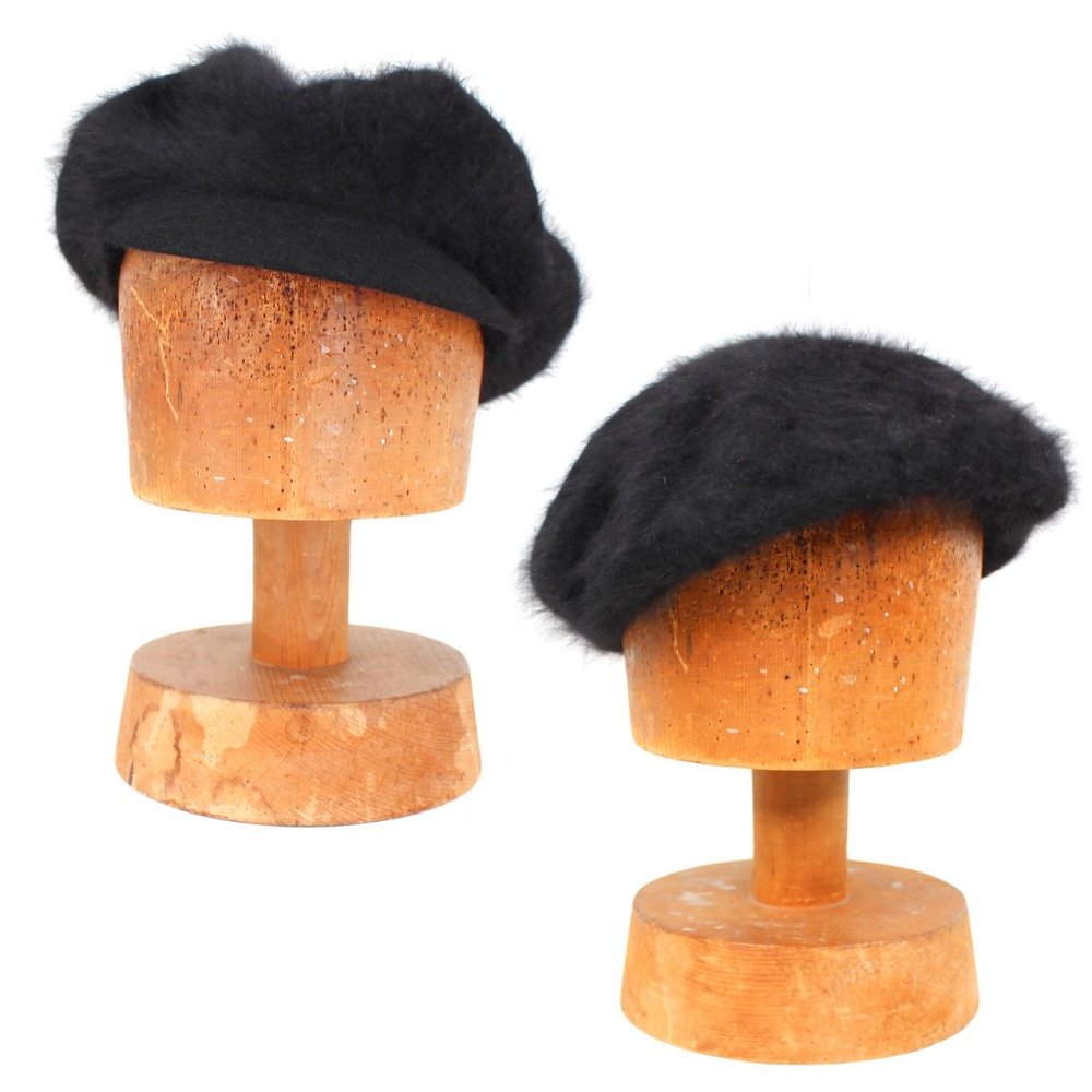 Angora Apple Hat Black Knit Paperboy Cap with Brim